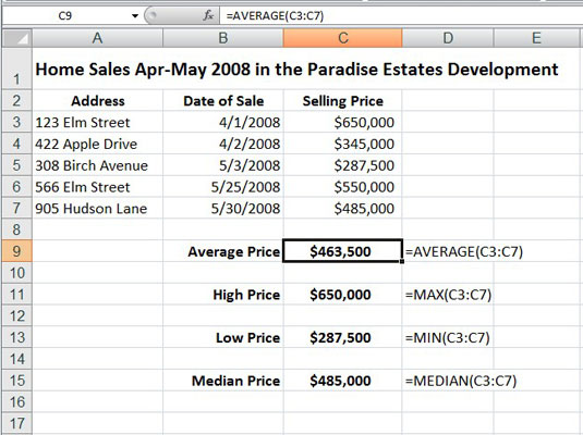 Krckanje brojeva s funkcijama AVERAGE, MAX, MIN i MEDIAN programa Excel 2007s