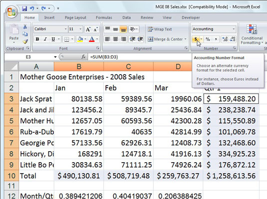 Viser tall i Excel 2007 som valuta