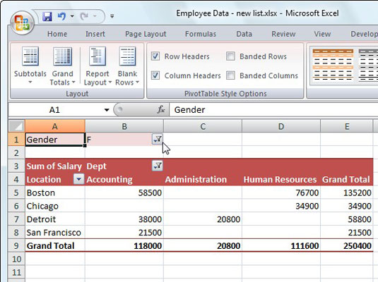 Filtrering og sortering af en Excel 2007-pivottabel