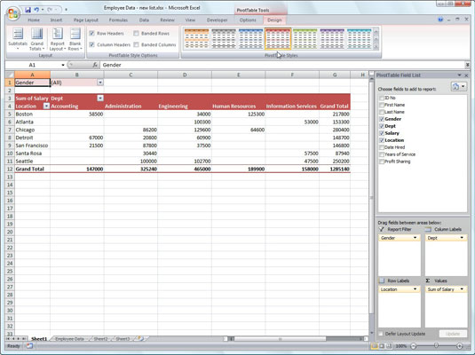 Formatere en pivottabell i Excel 2007