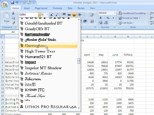 Format de tipus de lletra a Excel 2007