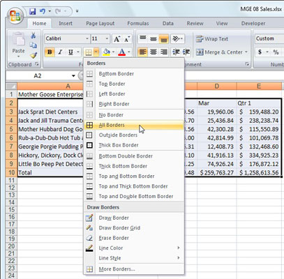 Solujen reunojen lisääminen Excel 2007:ssä