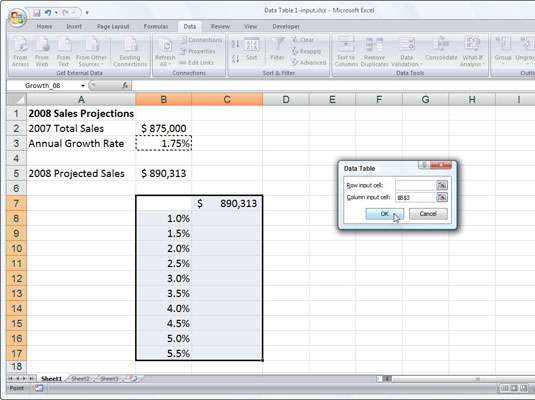 Kaip sukurti vieno kintamojo duomenų lentelę programoje „Excel 2007“.