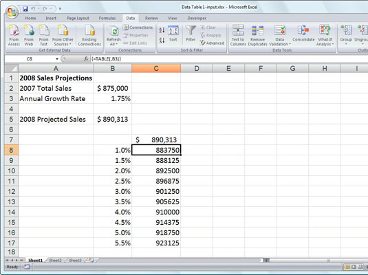 Kaip sukurti vieno kintamojo duomenų lentelę programoje „Excel 2007“.