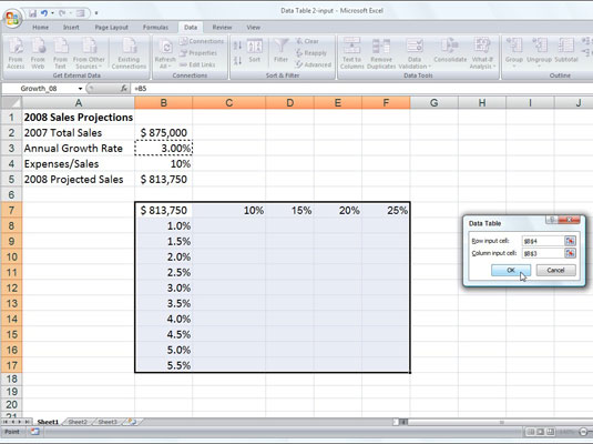 Kahe muutujaga andmetabeli loomine Excel 2007-s