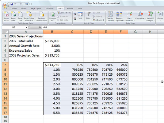 Kaip sukurti dviejų kintamųjų duomenų lentelę programoje „Excel 2007“.