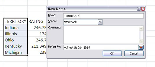 Anomenar una cel·la o un interval a Excel 2007