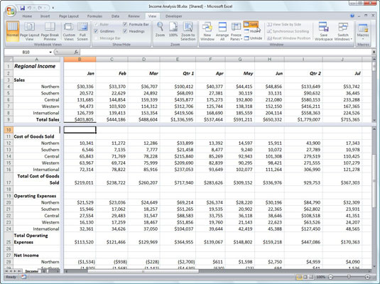 Excel 2007 töölehe akna tükeldamine