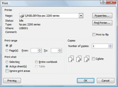 Udskrivning af bestemte dele af en Excel 2007-projektmappe