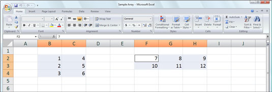 Repræsentation af arrays i Excel 2007-formler