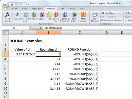 Skaičių apvalinimas programoje Excel 2007 naudojant ROUND, ROUNDUP ir ROUNDDOWN