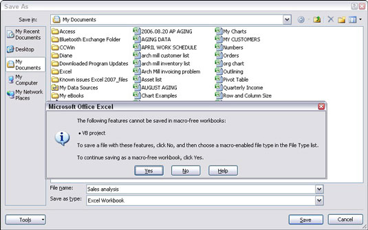 „Excel 2007“ darbaknygės su makrokomandomis išsaugojimas ir naudojimas