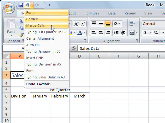 Korištenje Poništi i Ponovi u programu Excel 2007