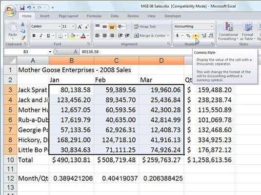 Darbs ar komatu stilu programmā Excel 2007