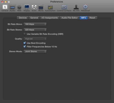 Audio preferences programmā Logic Pro X