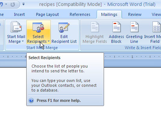 Combinació de correspondència de Word 2007 — Pas 2: Assignació de camps