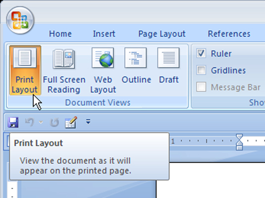 Tulostusasettelu- ja luonnosnäkymän käyttäminen Word 2007:ssä
