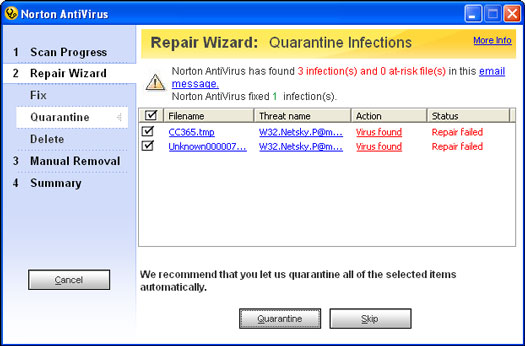 Prendre mesures quan Norton AntiVirus no pot reparar un fitxer infectat