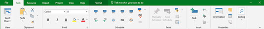 Kā pārvietoties Microsoft Project 2019 lentē un ātrās piekļuves rīkjoslā