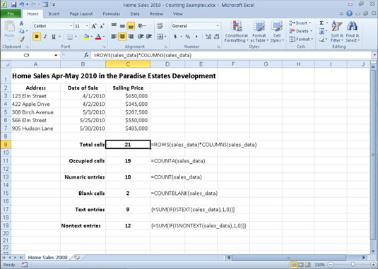 Telle celler i Excel 2010 med COUNT, COUNTA og COUNTBLANK