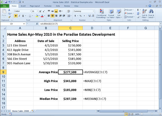 Sureguliuokite skaičius naudodami „Excel 2010“ VIDUTINĖS, MAKS. M., MIN. ir MEDIAN funkcijas