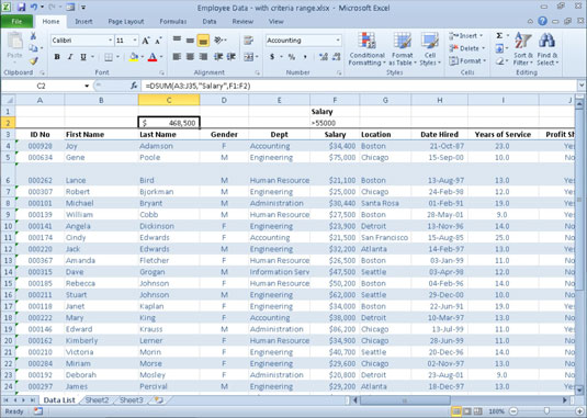 Yleiskatsaus Excel 2010:n tietokantatoimintoihin