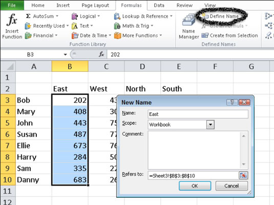 Sådan navngiver du en celle eller et område i Excel 2010