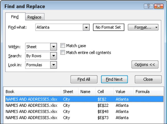 Papildu atrašana un aizstāšana programmā Excel 2010