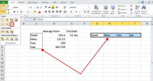 Přesouvání dat aplikace Excel 2010 z řádků do sloupců a zpět