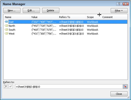 Diapazonu nosaukumu pārvaldība programmā Excel 2010