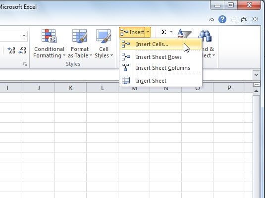 Vstavljanje celic, vrstic ali stolpcev v Excel 2010