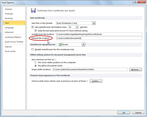 Kā mainīt noklusējuma faila atrašanās vietu programmā Excel 2010