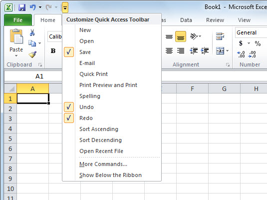 Excel 2010:n pikatyökalupalkin mukauttaminen