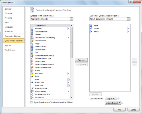 Sådan tilpasses Excel 2010 Quick Access Toolbar