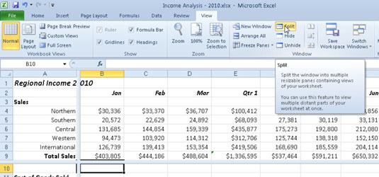 Kuinka jakaa Excel 2010 -laskentataulukkoikkuna