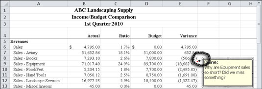 Použití funkce komentáře buňky v aplikaci Excel 2010