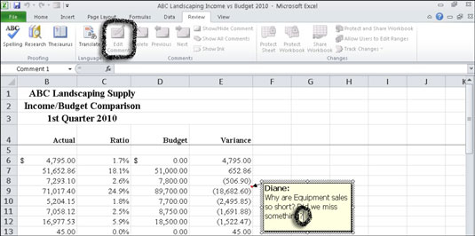 Ús de la funció de comentari de cel·la d'Excel 2010