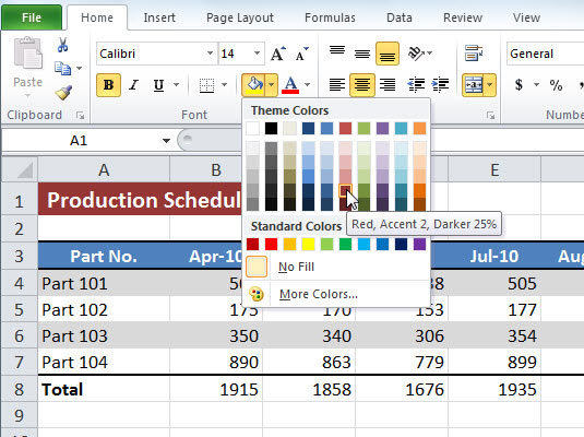 Kā lietot aizpildījuma krāsas, modeļus un gradientus šūnām programmā Excel 2010