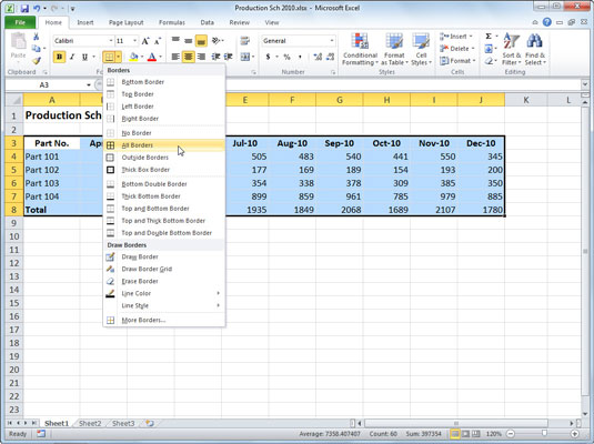 Solujen reunojen lisääminen Excel 2010:ssä