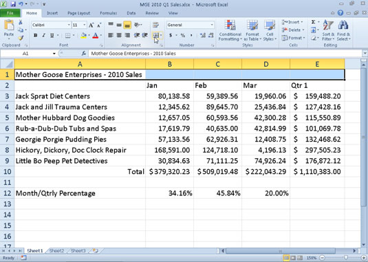 Slå sammen og dele celler i Excel 2010