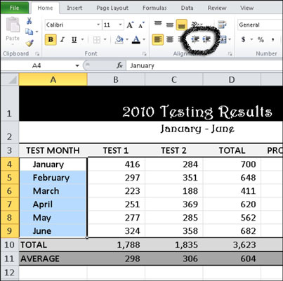 Solutietojen sisennys Excel 2010:ssä