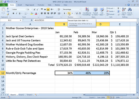 Slik bruker du prosentnummerformatet i Excel 2010