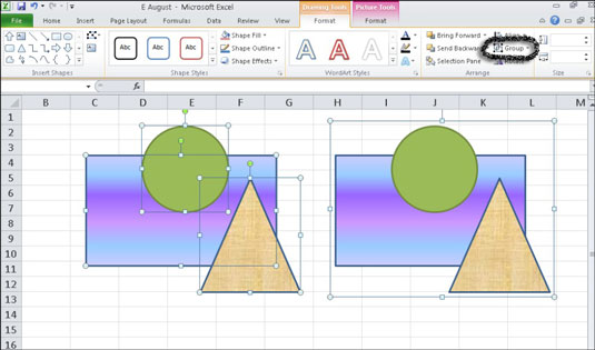 Hvordan omorganisere og gruppere grafiske objekter i Excel 2010