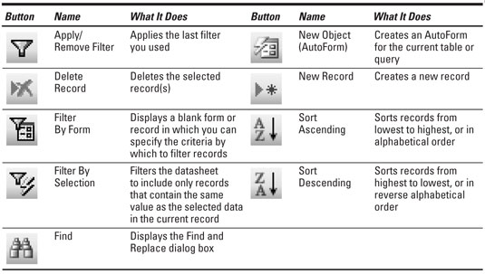 Käytä 2003 Datasheet View -työkalupalkin painikkeita