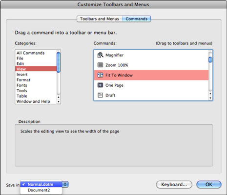 Panel s nástrojmi Wordu pre Mac 2011: Pridanie príkazu Prispôsobiť oknu