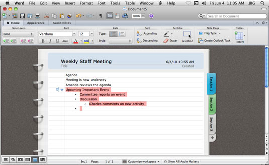 Коришћење приказа распореда бележнице у програму Ворд за Мац 2011