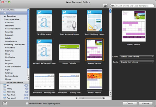 Office 2011 for Mac: Avaa Word-asiakirjagalleria