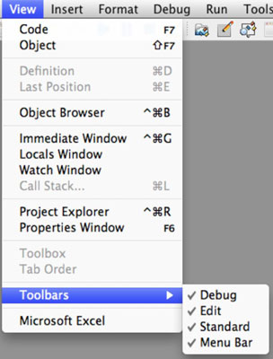 Zobrazení a navigace v rozhraní VBE v Office 2011 pro Mac