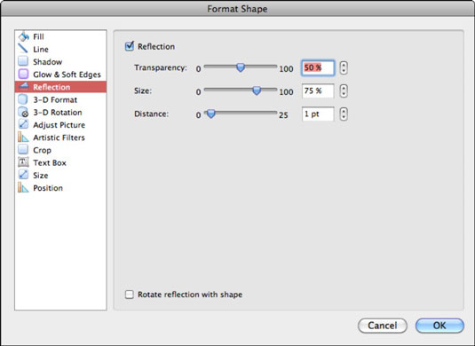 Office 2011 darbam ar Mac: ēnu, mirdzuma un atspulgu pievienošana formām