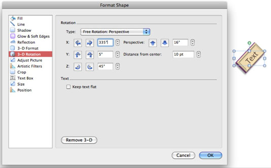 Kā formatēt formas, izmantojot 3-D vadīklas programmā Office 2011